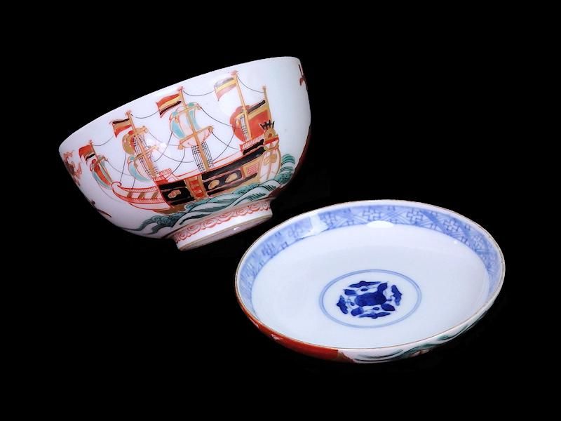 大聖寺伊万里 色絵 五艘船に南蛮人(7人描き)図 大振蓋茶碗 6客セット