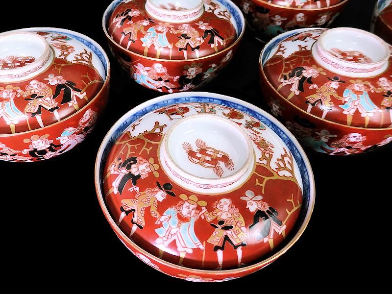 大聖寺伊万里 色絵 五艘船に南蛮人(7人描き)図 大振蓋茶碗 6客セット