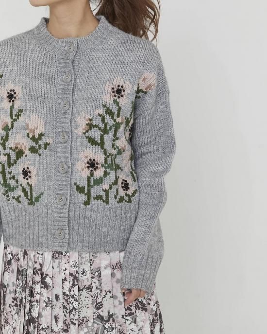 フラワー刺繍ニットカーディガン(グレー) - seventen
