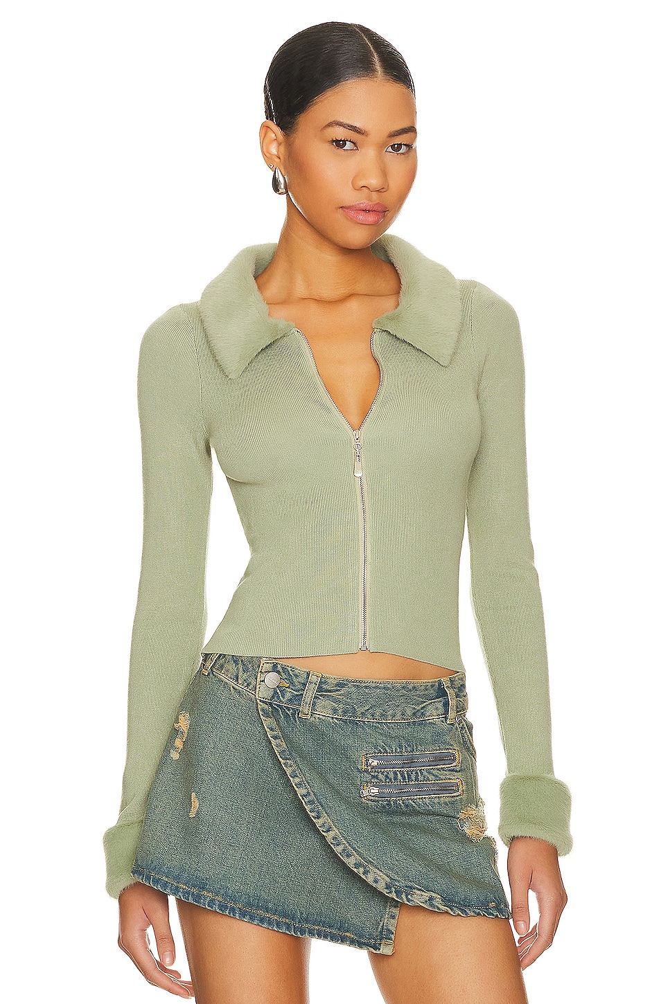 MORE TO COME Natalie Knit Zip Cardigan in Sage | REVOLVE