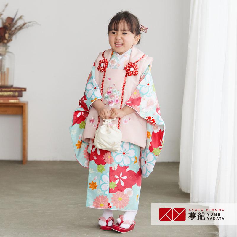 七五三 着物レンタル 3歳 753 女の子 フルセット 被布 水色桜×薄ピンク
