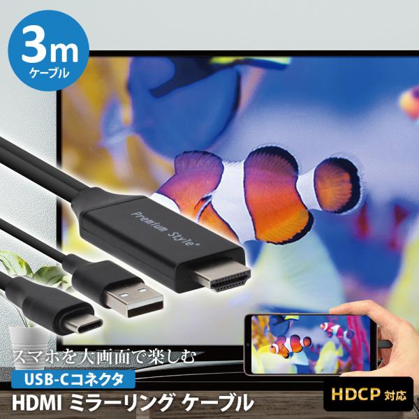 ミラーリングケーブル HDMI 3m 300cm USB Type-C コネクタ ブラック 黒