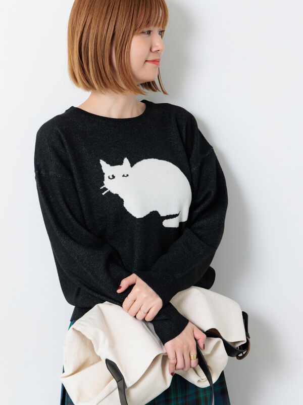 セール】 猫モチーフジャカードニット（オフホワイト/ブラック