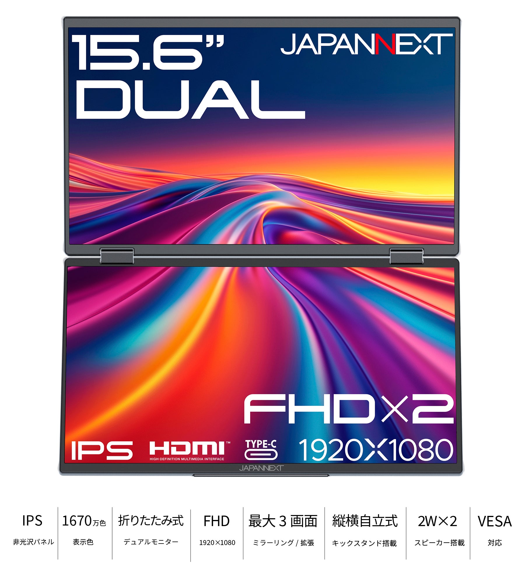 JAPANNEXT 15.6インチ IPSパネルx2搭載 フルHD(1920x1080)解像度