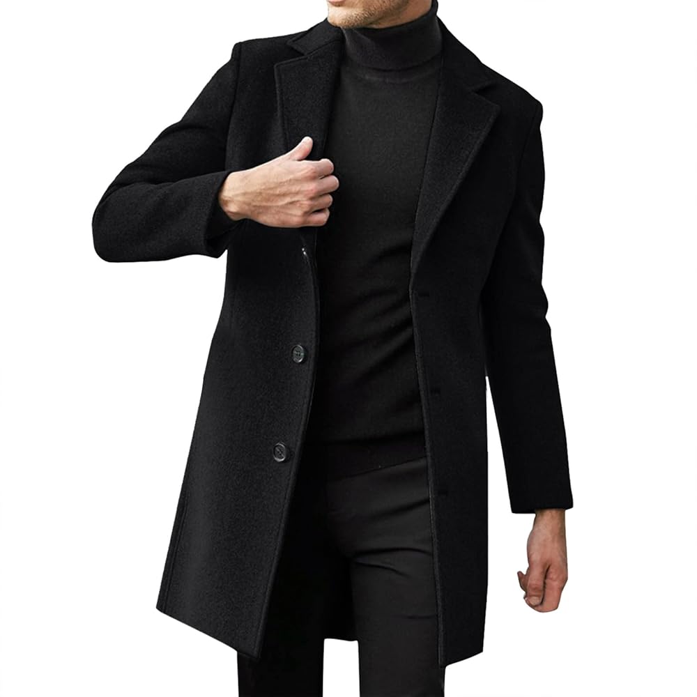 ZHUER Mens Trench Coat Mid-Length Woolen Coat Winter Slim Fit