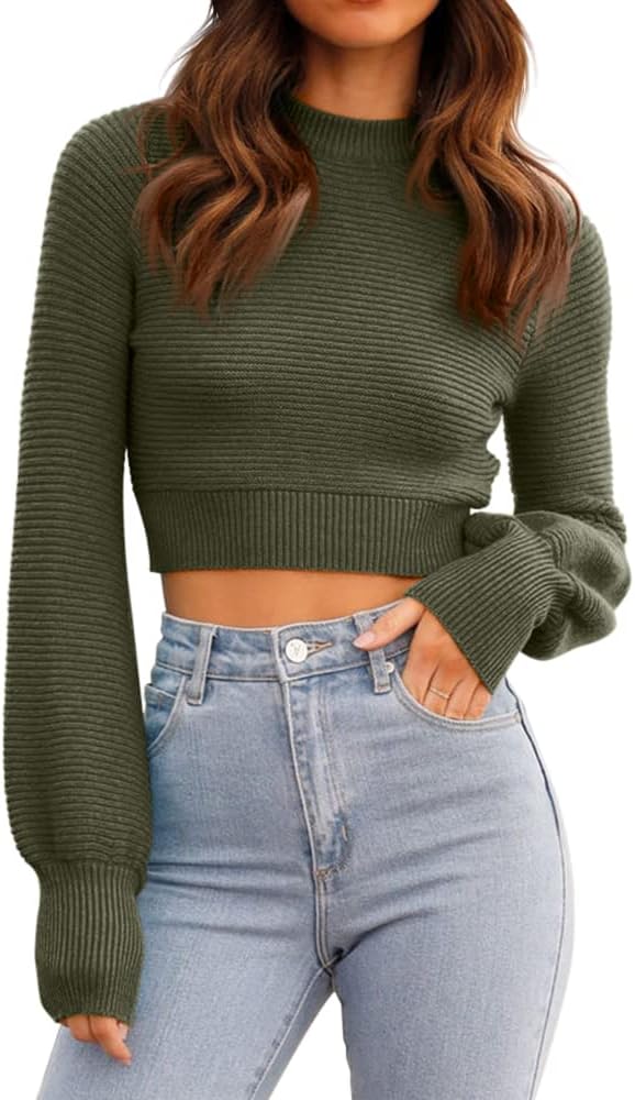 Womens Sexy Crew Neck Cropped Sweater Ribbed Knit Long Sleeve Crop