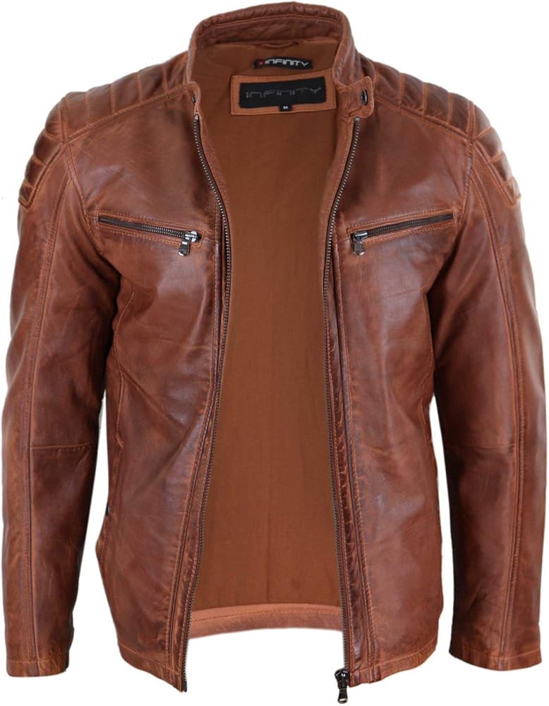 Mens Real Leather Jacket Tailored Fit Biker Zipped Smart Casual