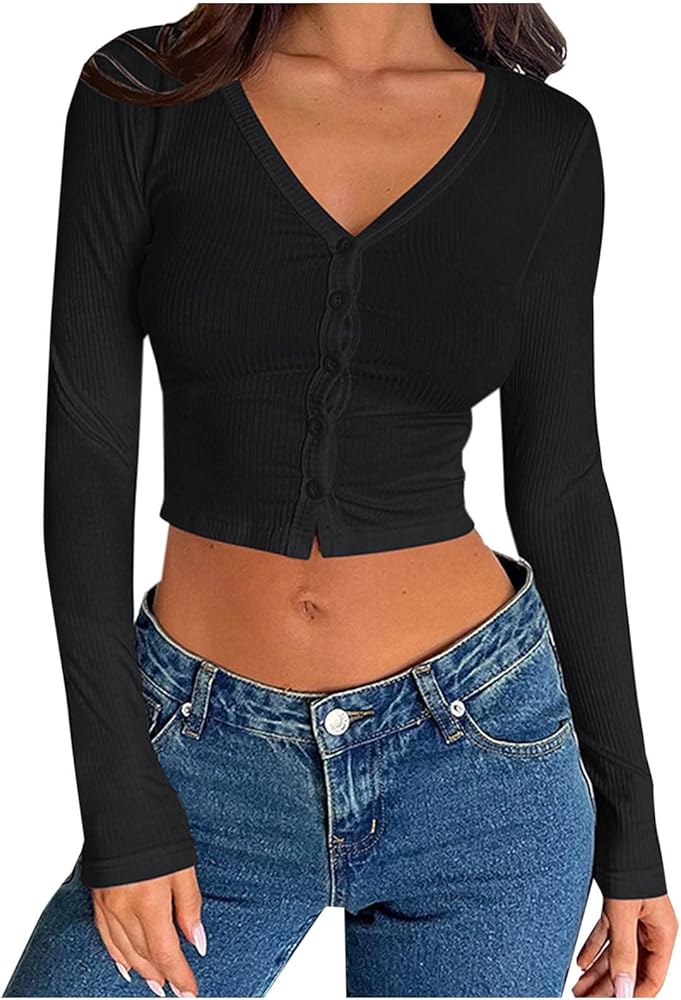 Women's Henley Crop Tops Long Sleeve Ribbed Knit Slim Fit Button
