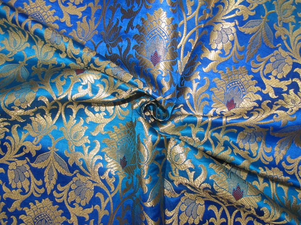 Amazon.com: Heavy Brocade Fabric Red,Blue & Metallic Gold Colour