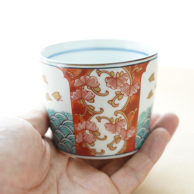 399 古伊万里大振金襴手窓絵市松唐獅子図蕎麦猪口 幕末 無傷