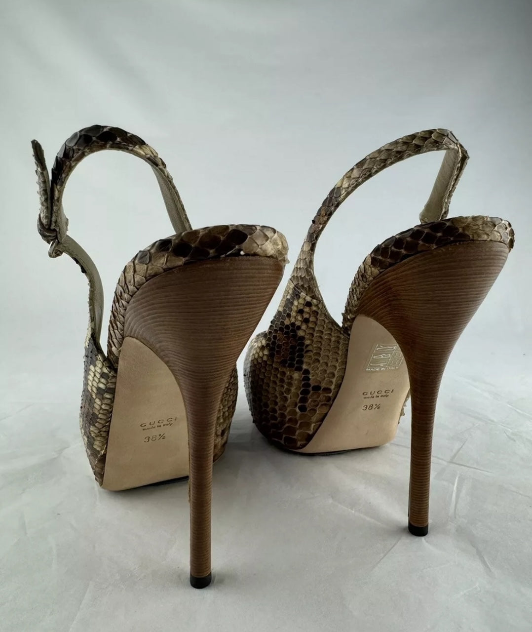 GUCCI Platform Brown Leather Peep Toe Ankle Strap Snakeskin 38.5