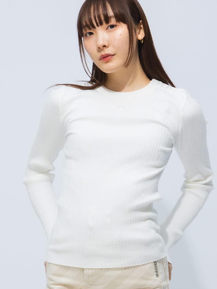 courreges (クレージュ) ショルダースナップ ロゴ刺繍 リブニット