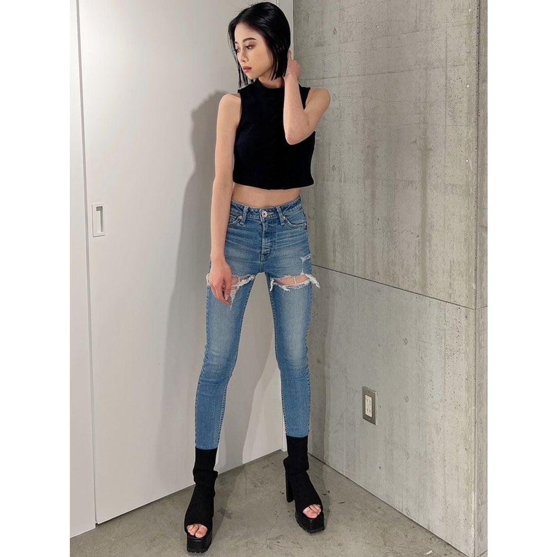 ジェイダ GYDA M/Wサイハイ アシンメトリー ダメージスキニーデニム