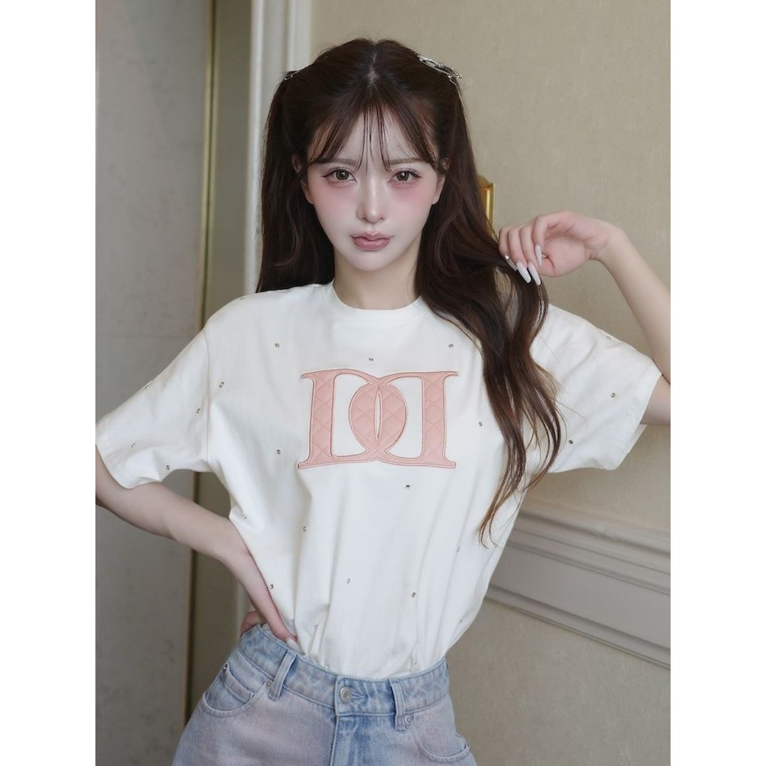 ダーリッチ Darich キルティングアップリケビジューTシャツ （ホワイト