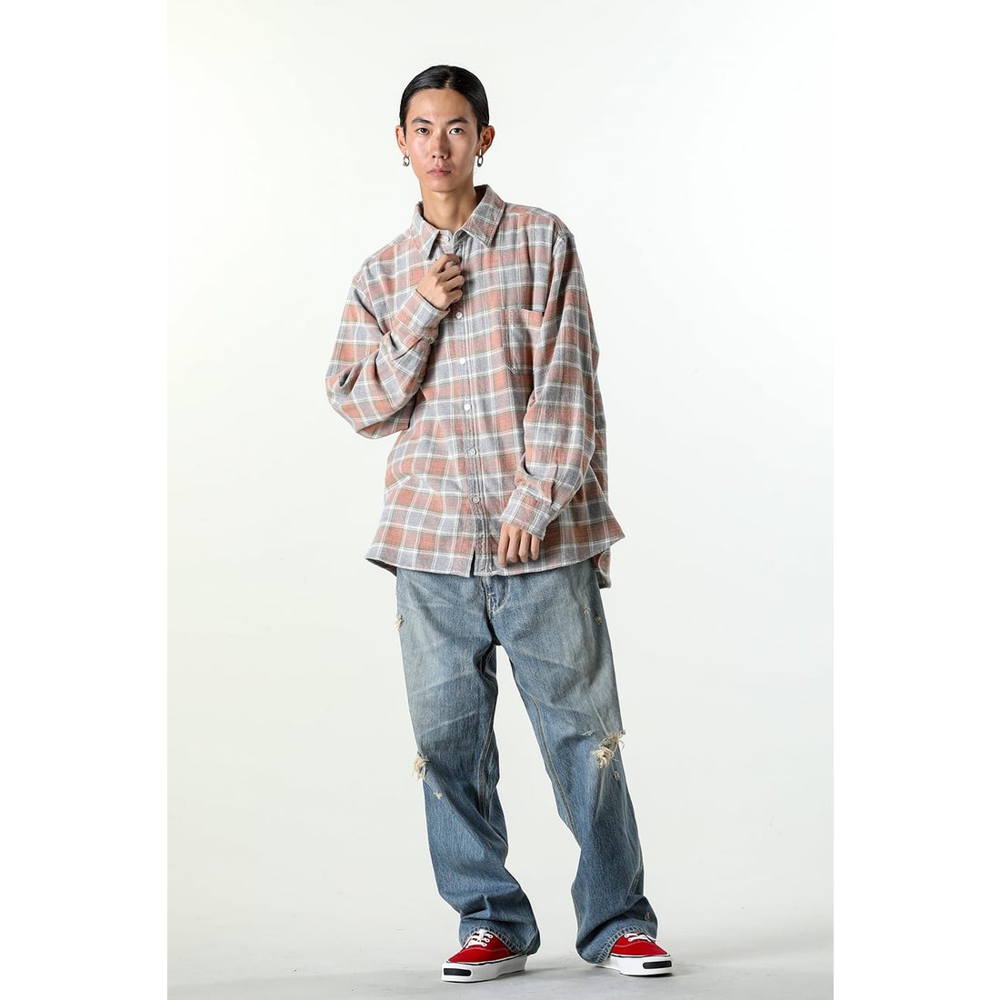 カミヤ KAMIYA Bleached Check Shirt （ORANGE） -FASCINATE