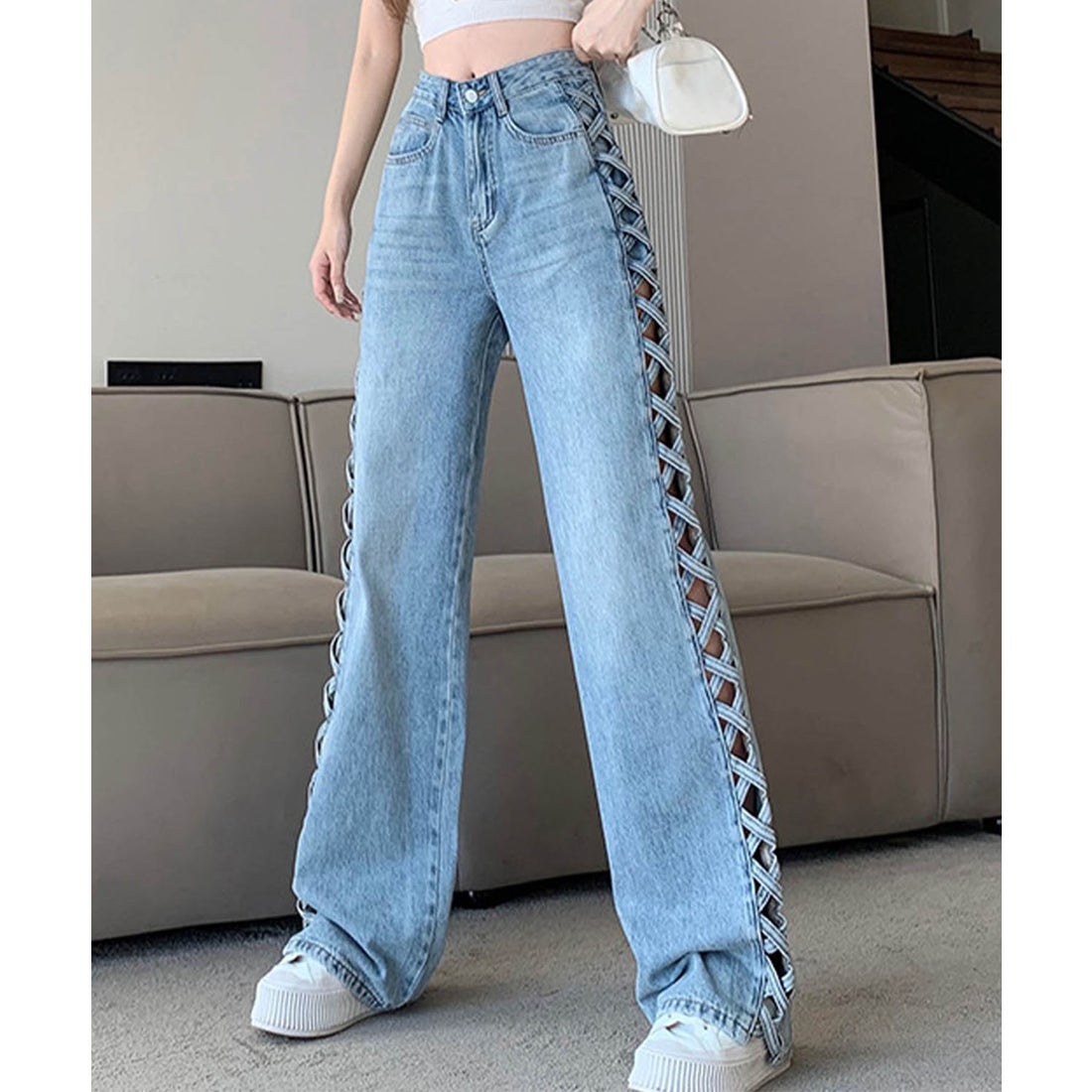 ミージェーン me Jane サイドレースアップデニムストレートパンツ