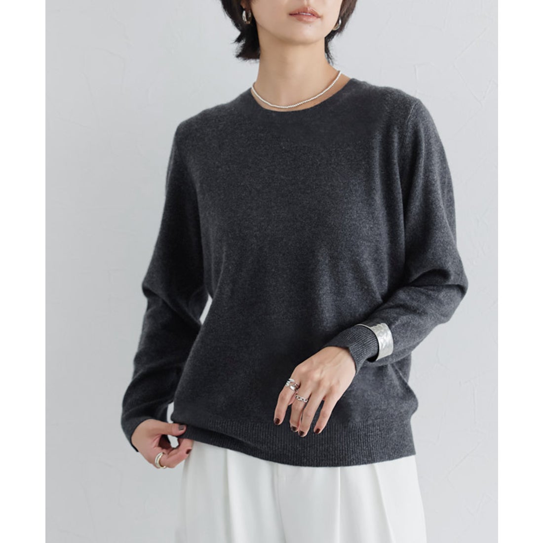 ラス RASW カシミヤ100％クルーネックニット （杢グレー