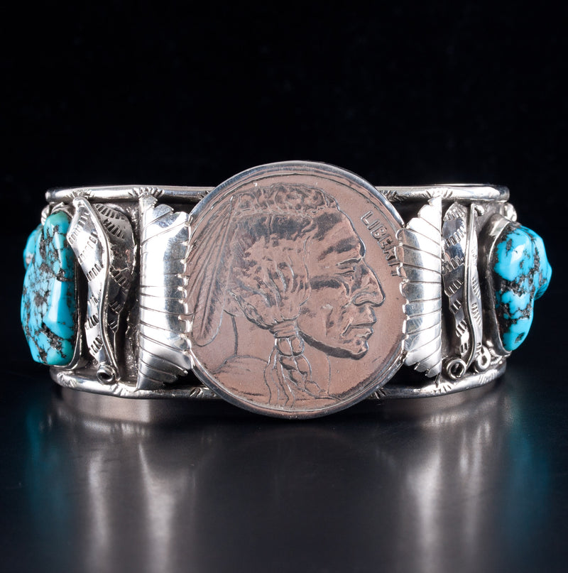 Vintage 1970s Sterling Silver Navajo Indian Head Coin Turquoise