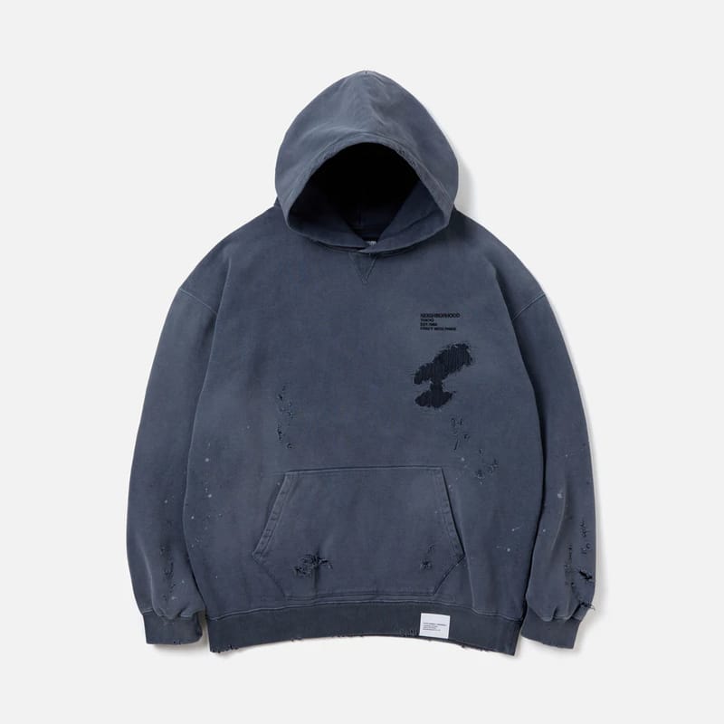 NEIGHBORHOOD SAVAGE SWEAT PARKA LS NBHD 破壞仿舊刷色帽T 黑/灰-