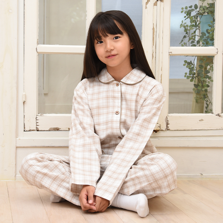 パジャマ キッズ 女の子 綿100％ 長袖 春 秋 前開き ボタン 先染 起毛