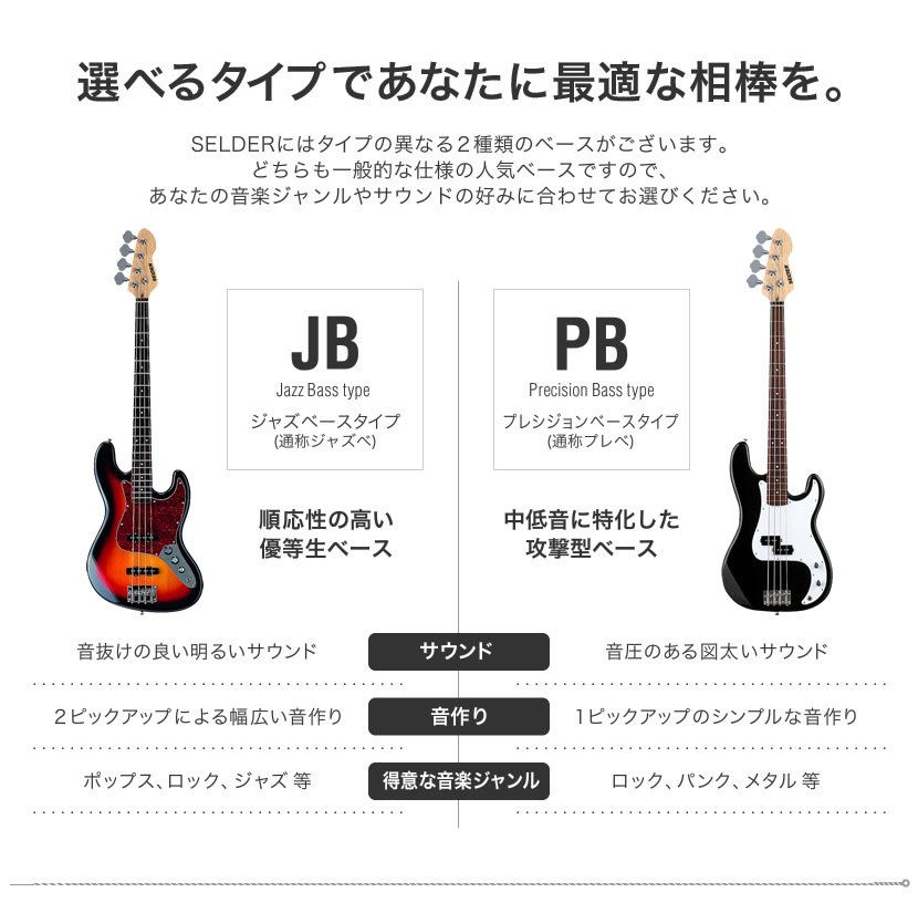 SELDER エレキベース 左利き用 JB-37LH/PB-37LH 13点初心者セット