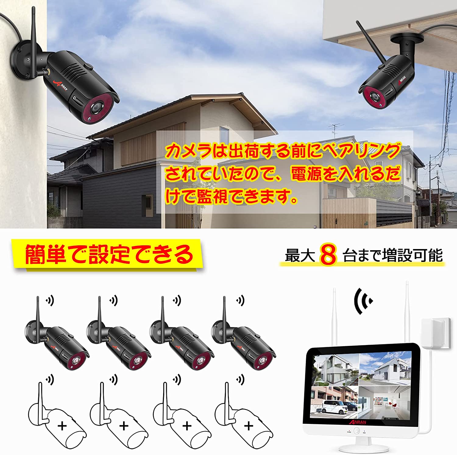 anran 防犯カメラ 500万画素 4台セット ワイヤレス 12インチモニター