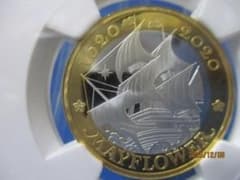 イギリス 2ポンド銀貨☆メイフラワー号航海400周年／未使用／NGC PF69