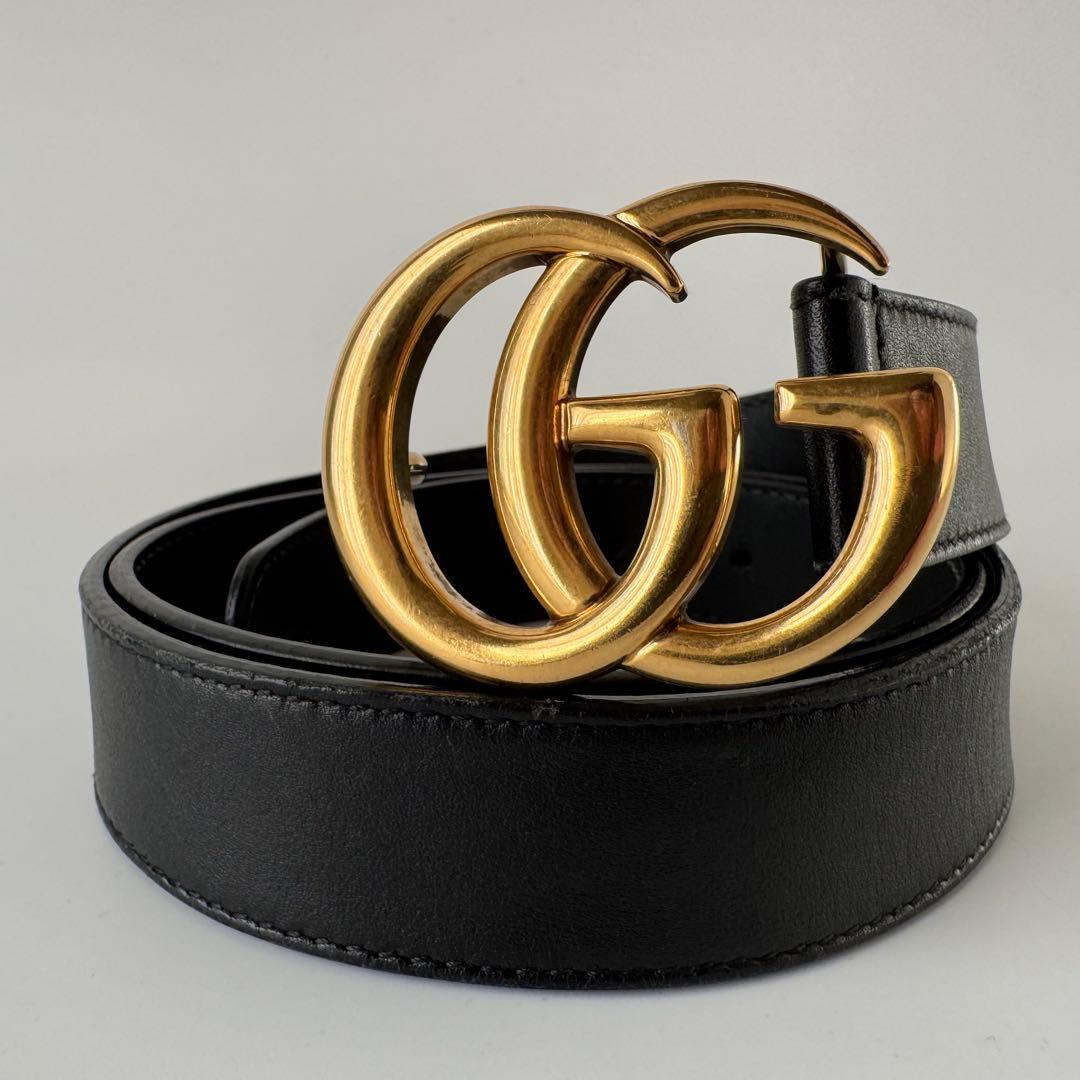 【美品】GUCCI　ベルト　黒　GGマーモント　ゴールド　レザー　ロゴバックル グッチxアディダス コラボ GGマーモント トレフォイルロゴ ベルト 黒