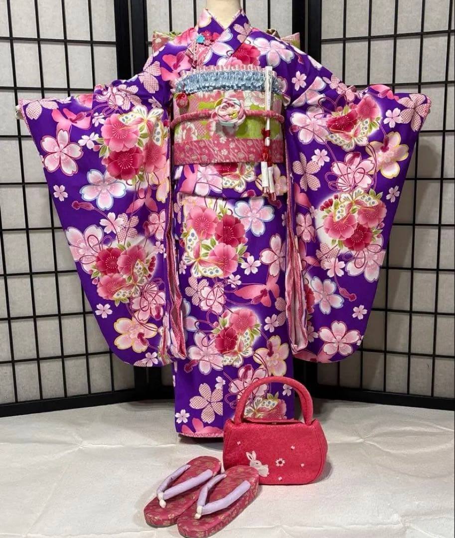 七五三　着物セット　7歳　ブランド乙葉　紫色　美品　フルセット 七五三 7歳着物 レンタル フルセット 乙葉 ブランド着物 紫 薬玉に桜楓