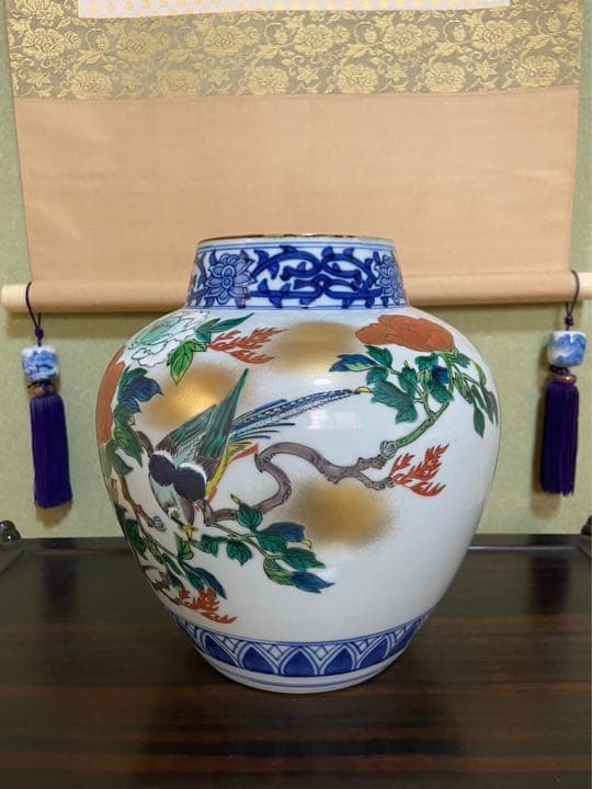 九谷焼 8号花瓶 牡丹 九谷白峰 松山作】アンティーク 2024 新品 花器