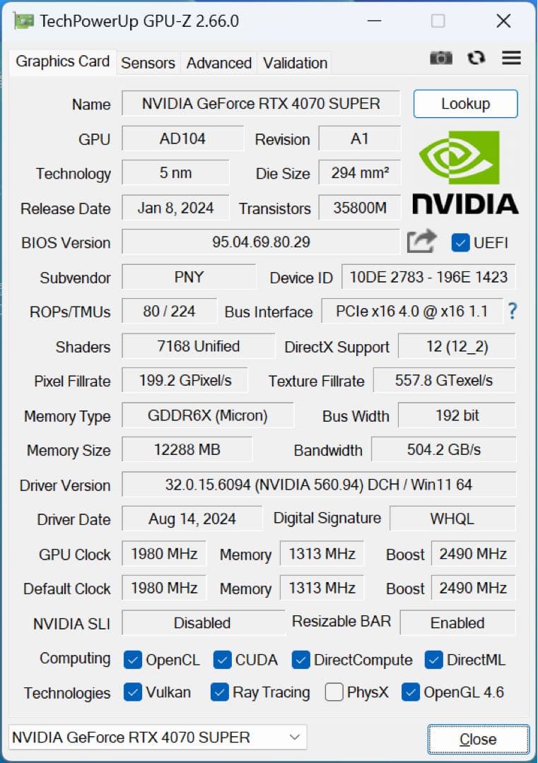 グラフィックボード・グラボ・ビデオカード PNY GeForce RTX4070 SUPER 12GB