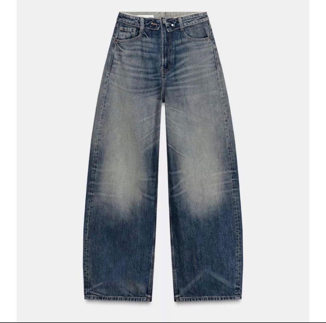 ZARA TRFミッドライズ折り返しウエストデニムパンツ 【EU36/9号