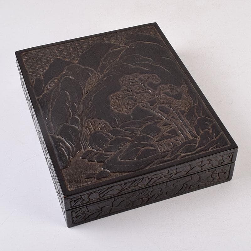 中国　漆塗　山水人物文　文箱　硯箱　V　R8958 仙台堆朱 山水文 文箱 硯箱 共箱 飾り箱 手許箱 漆 伝統工芸 高度な漆