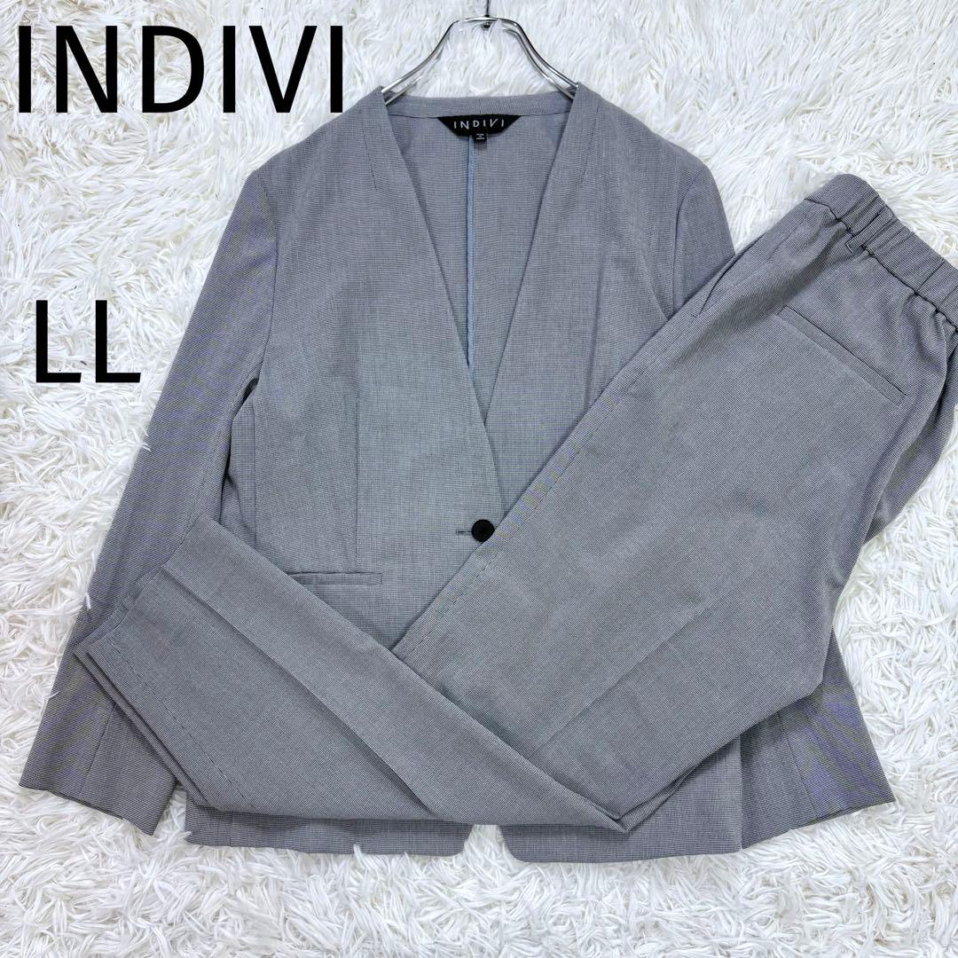 極美品 INDIVI 洗える 千鳥柄ノーカラージャケット UVケア 接触冷感LL INDIVI（インディヴィ） ジャケット ノーカラージャケット 「洗える