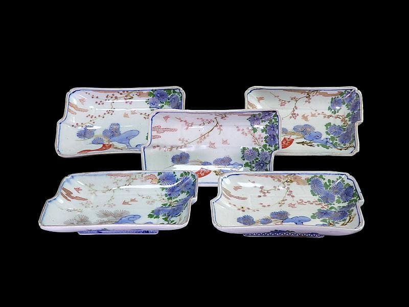 古伊万里　染錦　梅に菊　松に短冊の図　変形長皿　５客　B048AS-CWx 古伊万里 染錦 梅に菊 松に短冊の図 変形長皿 5客 B048AS-CWx 古