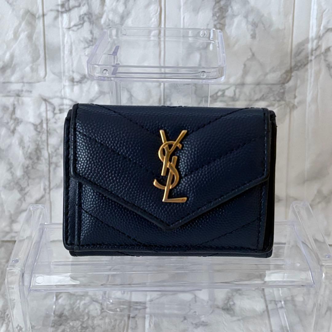 YSL サンローラン ネイビー レザー 三つ折り財布 ゴールドロゴ - メルカリ