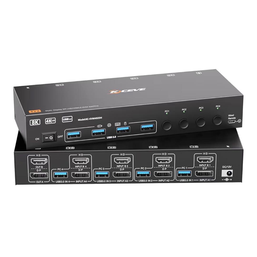KCEVE 8K@60Hz USB3.0 KVM切替器 4入力2出力 Amazon.co.jp: KCEVE デュアルモニター USB3.0 DP HDMI KVMスイッチ 8K