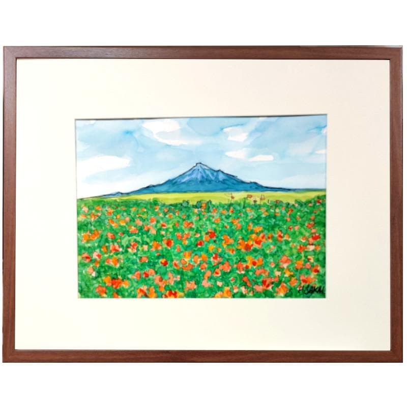 ☆ 境 肇 ☆「えぞスカシユリ咲く 利尻富士」水彩画 大衣 新品額！