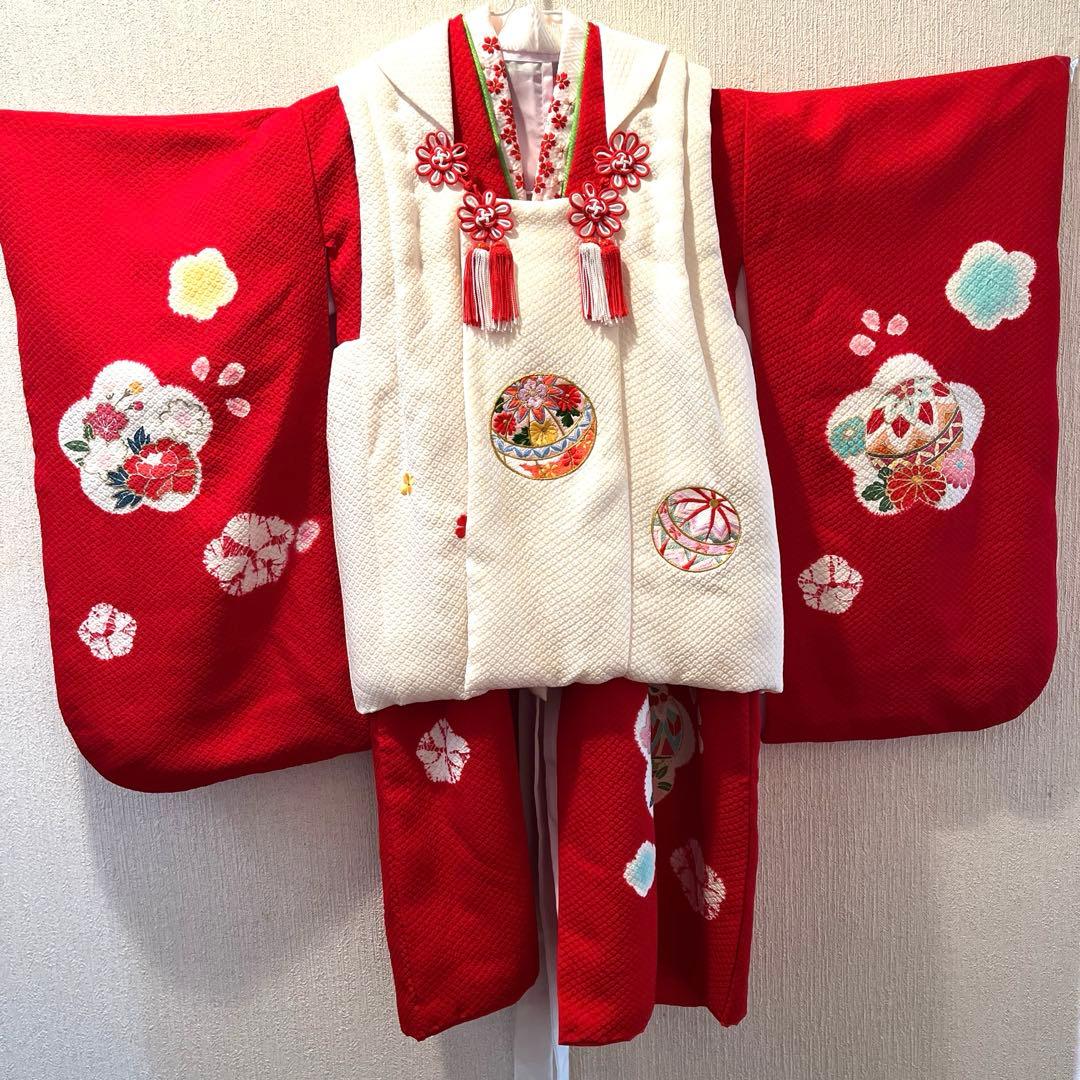 想美一　正絹　真紅　美品　絞り手描き七五三着物セット　3歳　白被布　日本製 k7t2-344.jpg