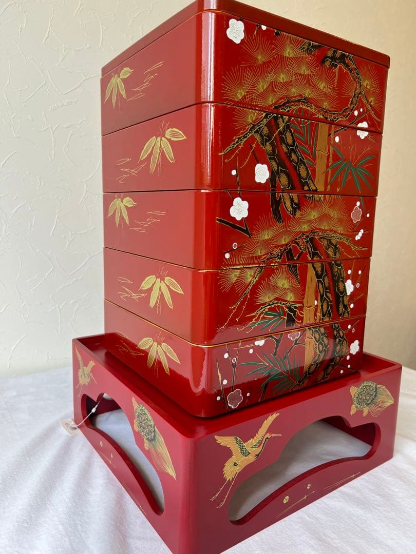華やかな新年に！新品未使用会津塗五段重箱台付き 慶事松竹梅