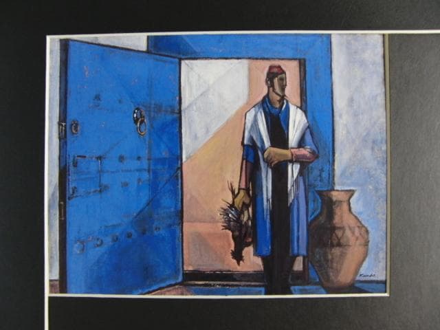 神戸文子「青い扉」、希少画集画、状態良好、新品高級額装付 濱田台児、【四ツ村】、希少な額装用画集より、新品額装付、状態良好