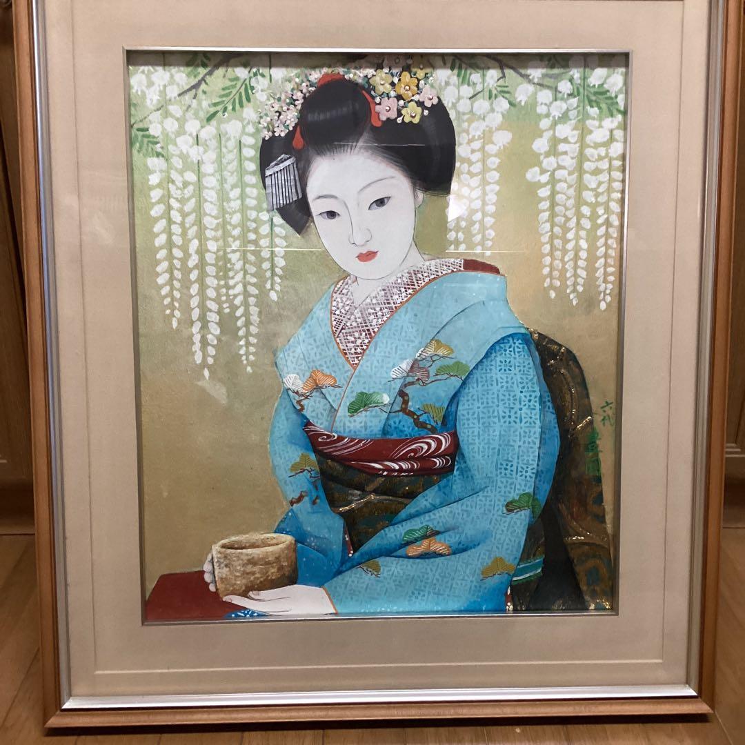 六代目歌川豊国作　　日本画板画　【　舞妓　野点茶図　】　木枠額装　手描き 六代目歌川豊国作 日本画板画 【 舞妓 野点茶図 】 木枠額装 手描き