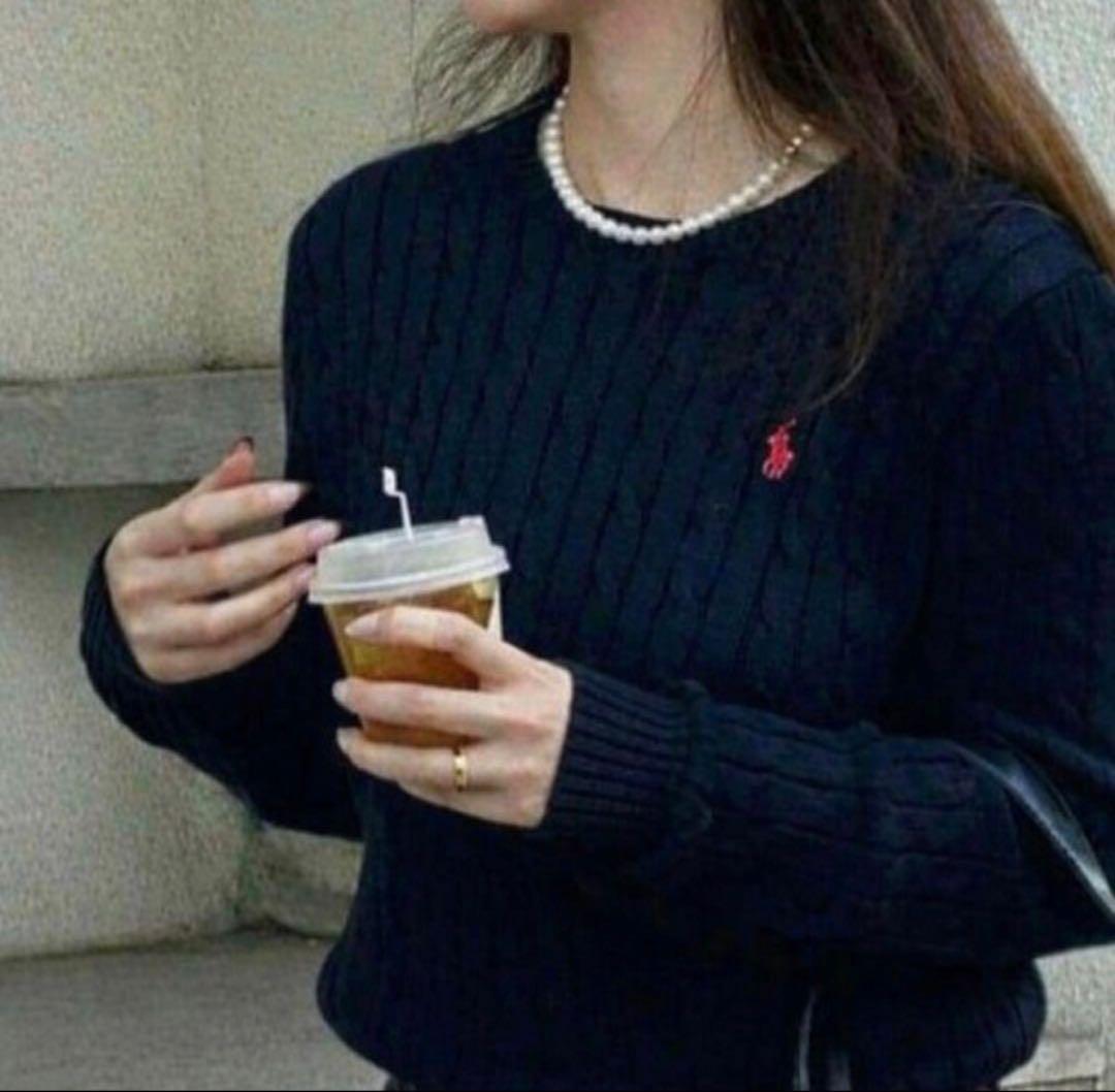 ❤️ラルフローレン大人気クルーネックケーブルニットセーター現行品ネイビー×レッドM POLO RALPH LAUREN（ポロ・ラルフローレン） ケーブルニット セーター