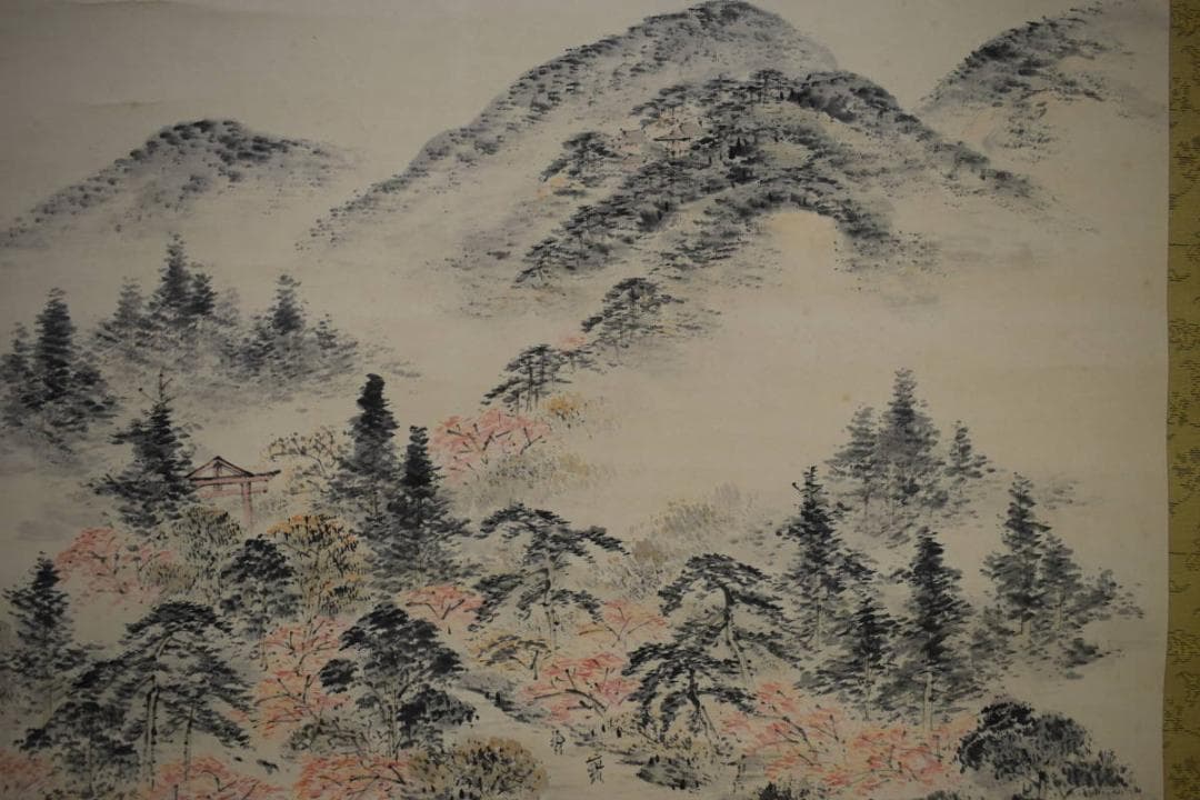 真作/毛利梅友/山水鳥居図/桐共箱付/布袋屋掛軸HH-518 真作/毛利梅友/山水鳥居図/桐共箱付/布袋屋掛軸HH-
